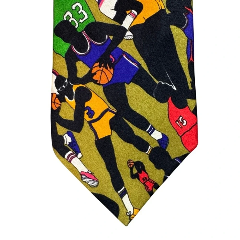 Vintage 1990 Nicole Miller Basketball Silk Tie Mens Olive Green Sports Print